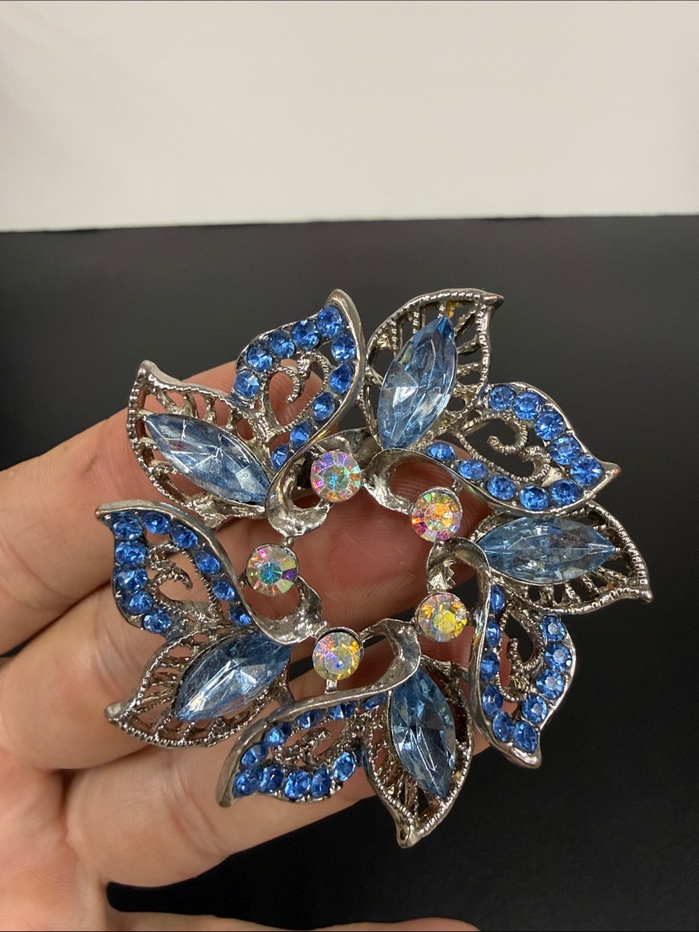 Silver-Tone Blue Crystal Floral Wreath Brooch - Women's Jewelry